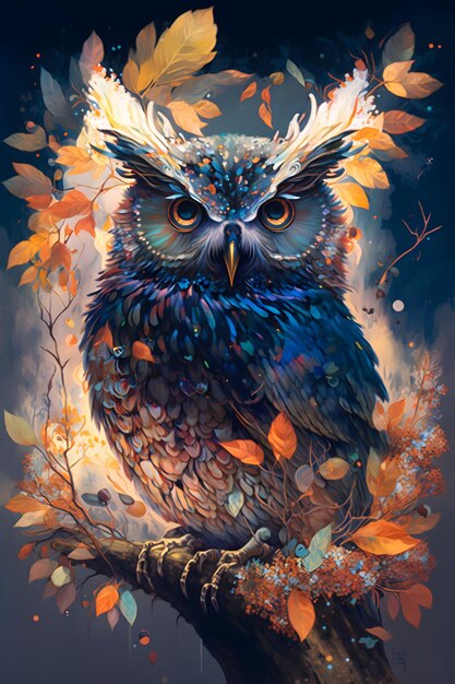 owl in fairy forest sitting on a branch