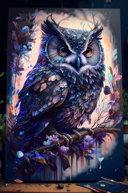 owl in fairy forest sitting on a branch