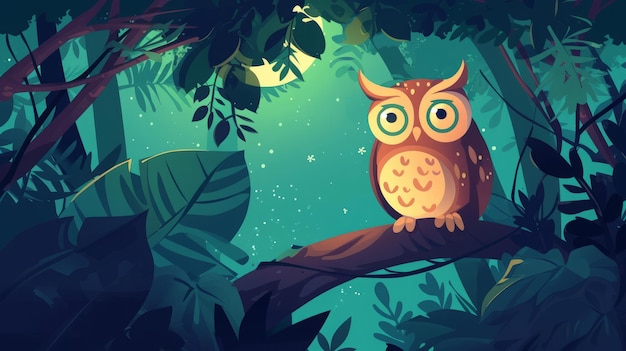 owl in fairy forest with moon illustration