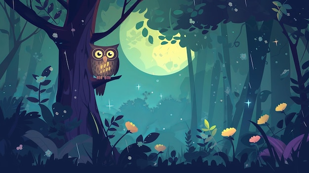 owl in fairy forest with moon illustration