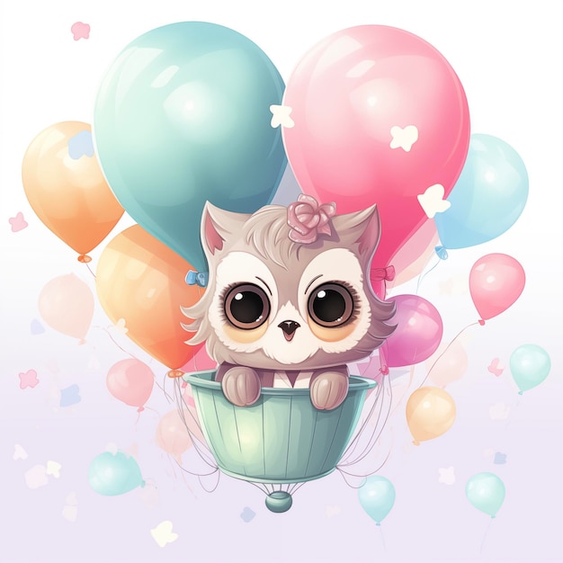 Owl flies in basket on balloons