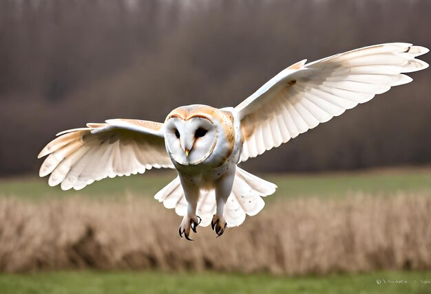 a owl flying in the air with a field in the background