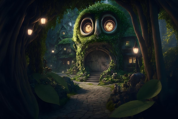 Owl guards fairy tale house in forest the home of hobbits and forest elves Light in the windows of the hut owl closeup on the background of a magical village