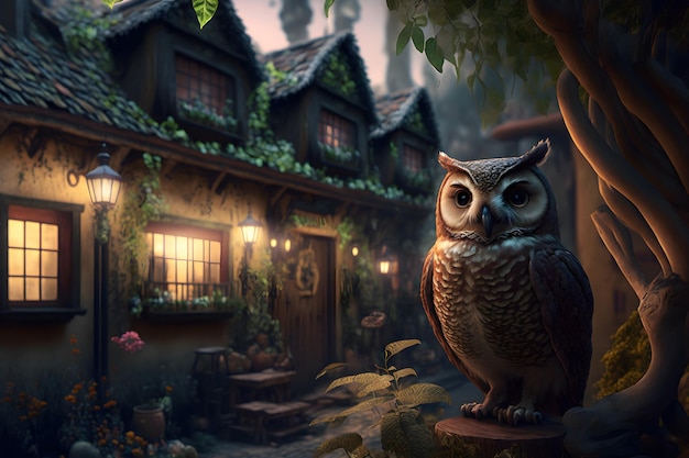 Owl guards fairy tale house in forest the home of hobbits and forest elves Light in the windows of the hut owl closeup on the background of a magical village