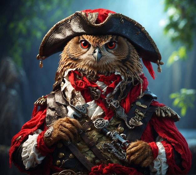 Owl in the hat of a pirate with a sword in his hands