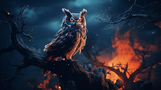 Owl Illuminated By Full Moon On Halloween Night