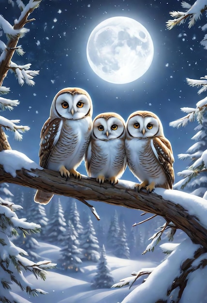 owl illustration in winter with full moon ai generated