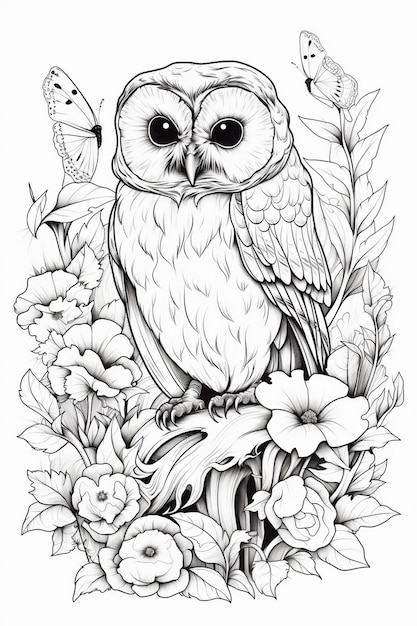 Photo an owl is drawn in black and white.