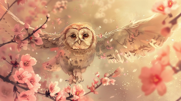 an owl is flying through a flower filled sky