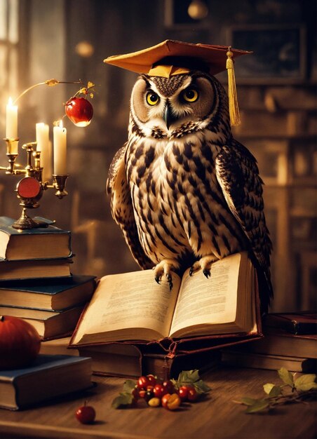 an owl is sitting on a book with a book on the top of it