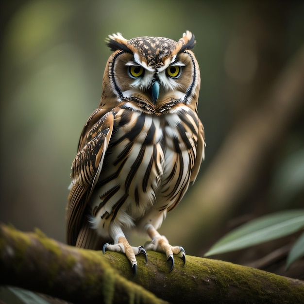 A owl is sitting on a branch with a green eye.