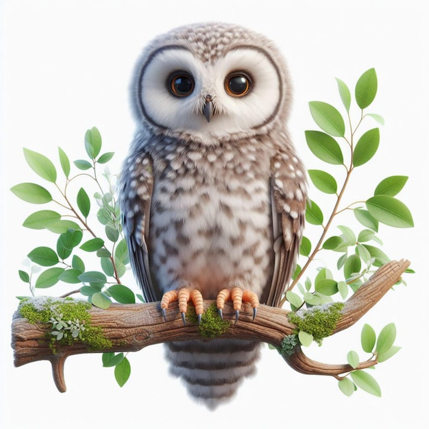 an owl is sitting on a branch with green leaves