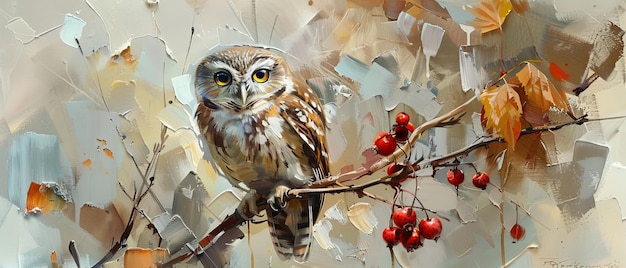 Photo the owl is standing on a branch of rose hips with berries in an impressionistic oil painting