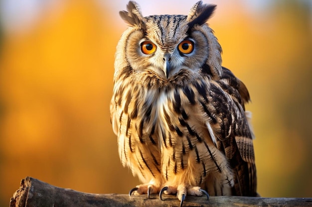 Photo a owl is standing on a log with the sun behind it