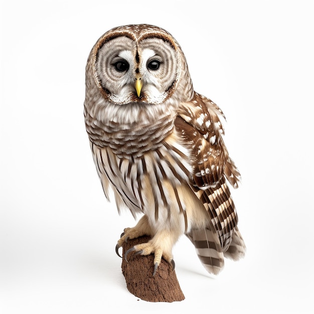 a owl is standing on a stump with a white background.