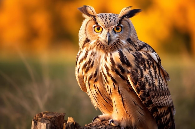 a owl is standing on a stump with a yellow background