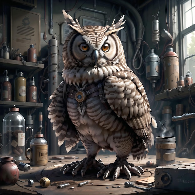 An owl is standing on a table in a workshop.