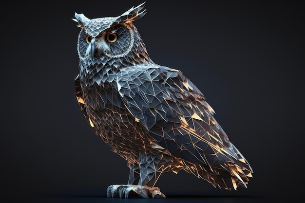 Owl isolated from low poly wireframe on dark background AI generated