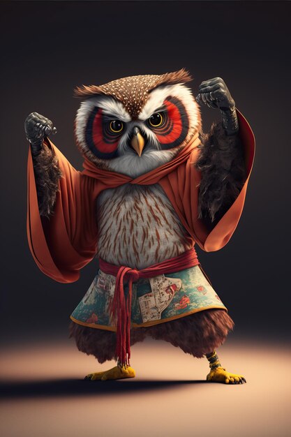 An owl in a kimono doing karate poses