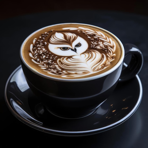 Owl latte art on a plate with smooth and curved lines