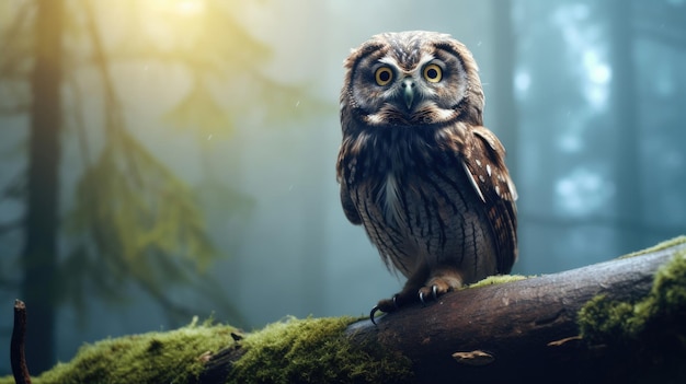 owl on a log with the sun behind it