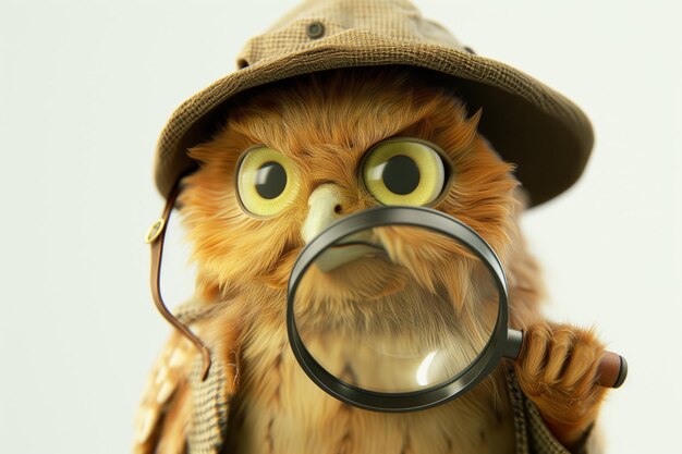 The owl looks through a magnifying glass