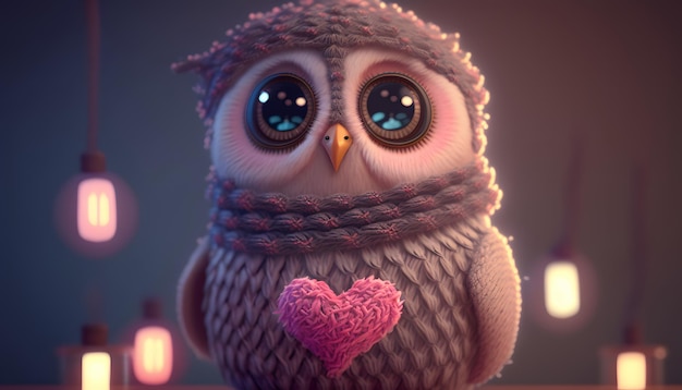 owl in love showing a tender heart on valentine's day, digital illustration