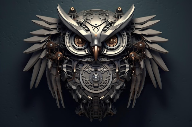 Photo an owl made of metal and gears on a wall generative ai image