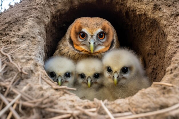 Owl mother observing her chicks in the nest