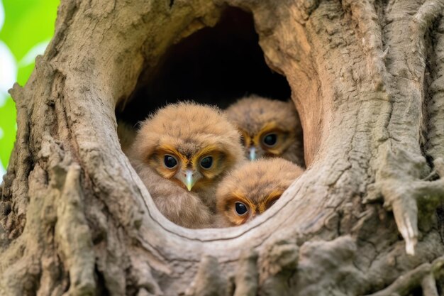 Owl mother observing her chicks in the nest