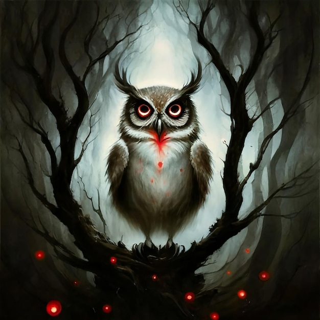 Owl painting by Stephen Gammell in Brian Mashburn style BW dark red glow in the dark sin