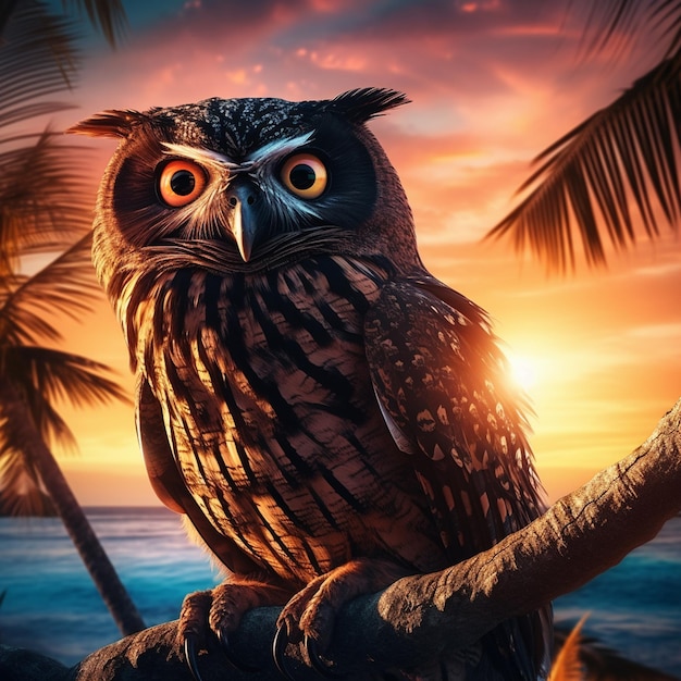 owl on palm tree on beach at sunset