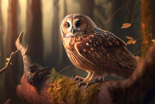 Owl perched on a branch in a dark forest generative ai