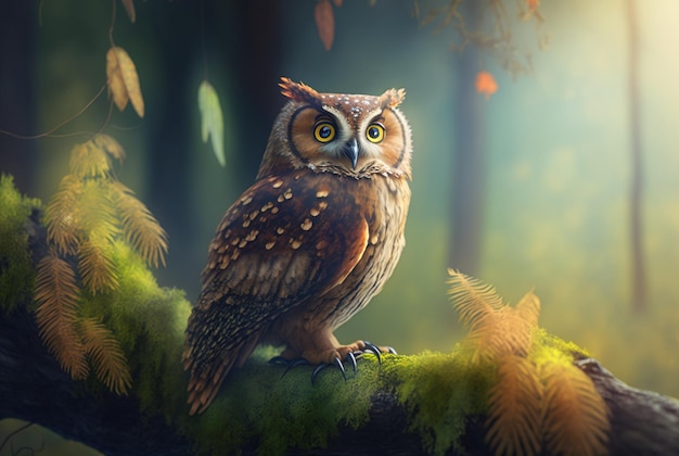 Owl perched on a branch in a dark forest generative ai