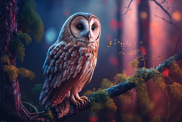 Owl perched on a branch in a dark forest generative ai