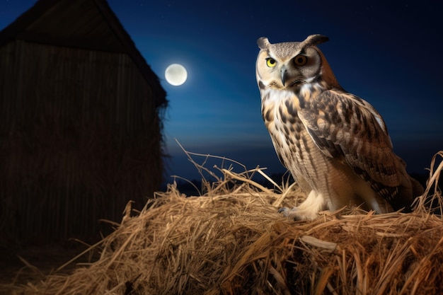 Foto un gufo appoggiato su una palla di fieno in un cortile illuminato dalla luna