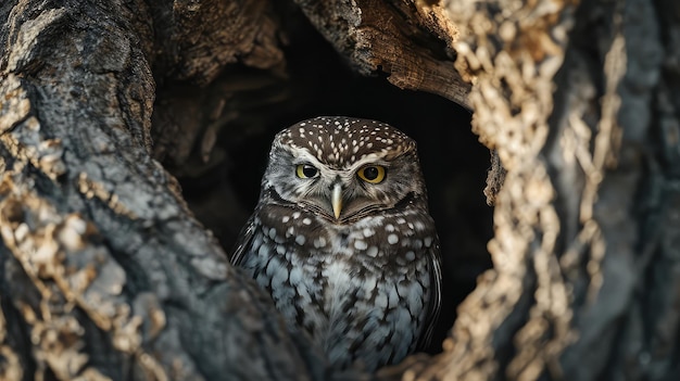 An Owl Perched in a Hollow Tree