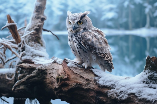 水の近くの雪の中のログに座ったオオカミ