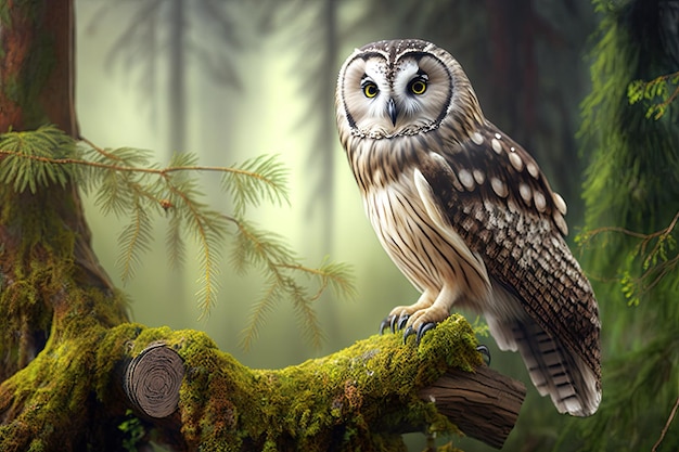 Owl perched on tree branch keeping watch over forest