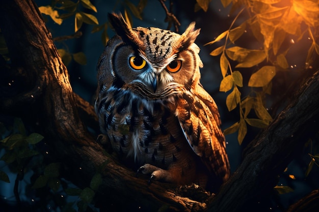 an owl perched on a tree branch in the night