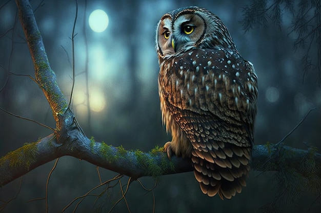 Owl perched on tree branch watching night forest