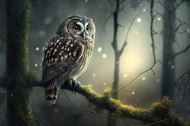 Owl perched on tree branch watching night forest
