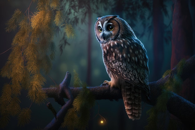 Owl perched on tree branch and watching the night forest