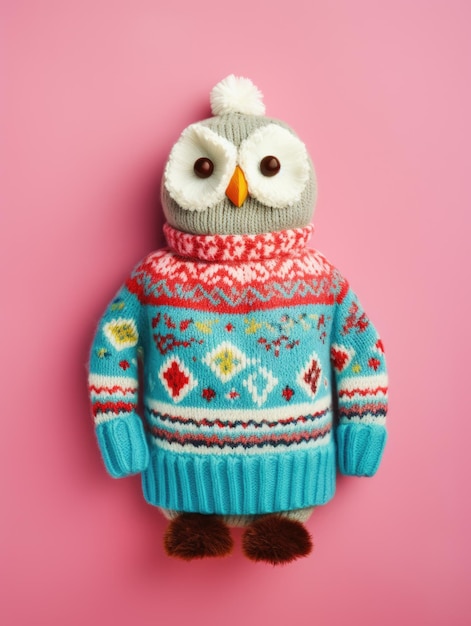 Owl plush toy in sweater on pink background