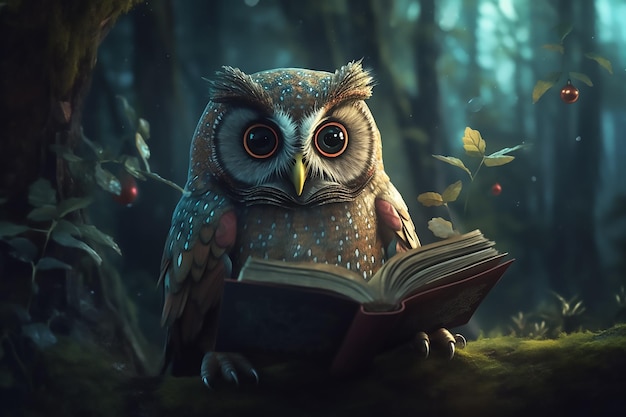 A owl reading a book in a forest