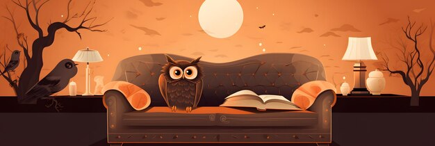 Photo owl reading book on sofa learning and knowladge concept