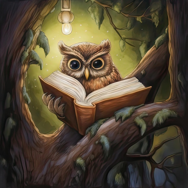 An owl reading a book in a tree