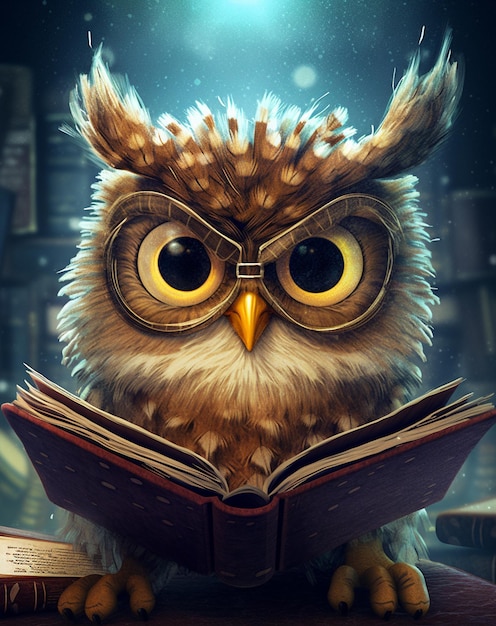 An owl reading a book with a book on it