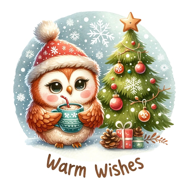 Owl in Santa hat sipping a hot drink with Warm Wishes by a Christmas tree