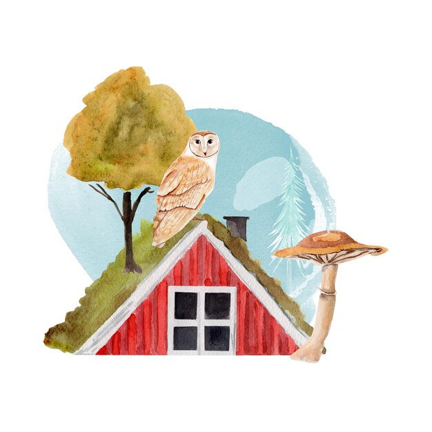 Owl on a Scandinavian house mushroom tree moss watercolor illustration